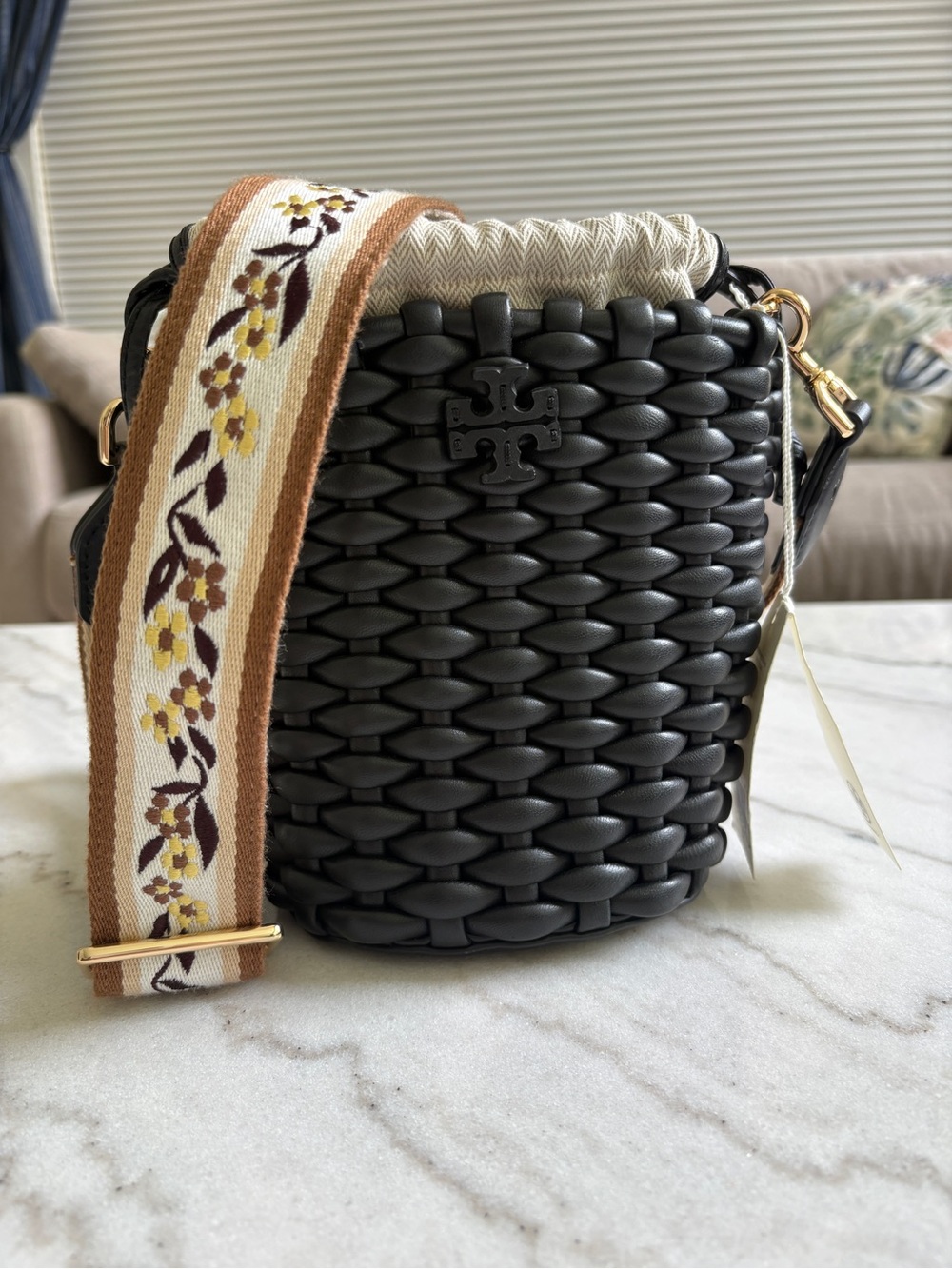 Tory Burch Emerson Black Woven Leather Crossbody with Floral Jacquard Strap